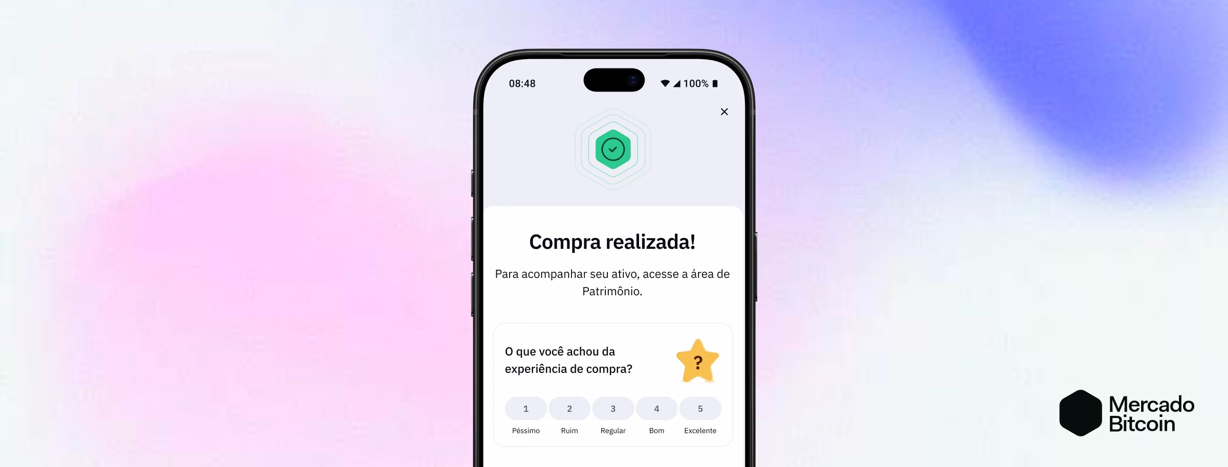 Capa do case: celular com a tela "Compra realizada!" e, logo abaixo, o novo CSAT perguntando "O que você achou da experiência de compra?" com escala de 1 a 5, com a logo do Mercado Bitcoin