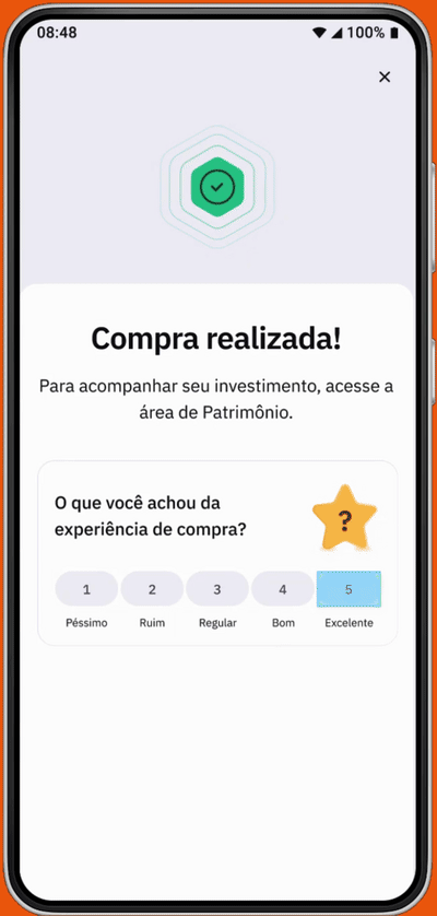 Animação do novo CSAT: após a compra, a pessoa toca numa nota de 1 a 5, escolhe os motivos do que não gostou, pode comentar e envia a avaliação