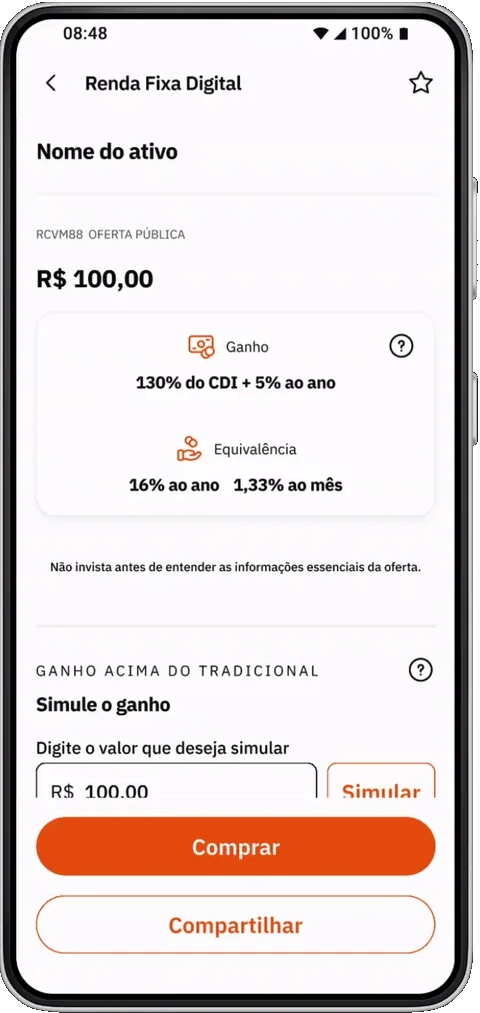 Animação da antiga página de detalhes do ativo: nome do ativo, ganho de 130% do CDI mais 5% ao ano, equivalência e simulador, com os botões Comprar e Compartilhar