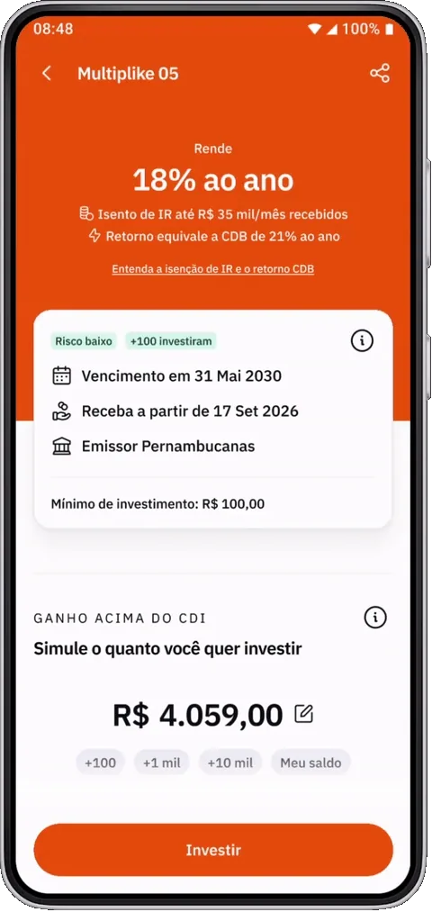 Animação da nova página de detalhes do ativo Multiplike 05: 18% ao ano em destaque, isenção de IR, vencimento, data do primeiro recebimento, emissor e o novo simulador