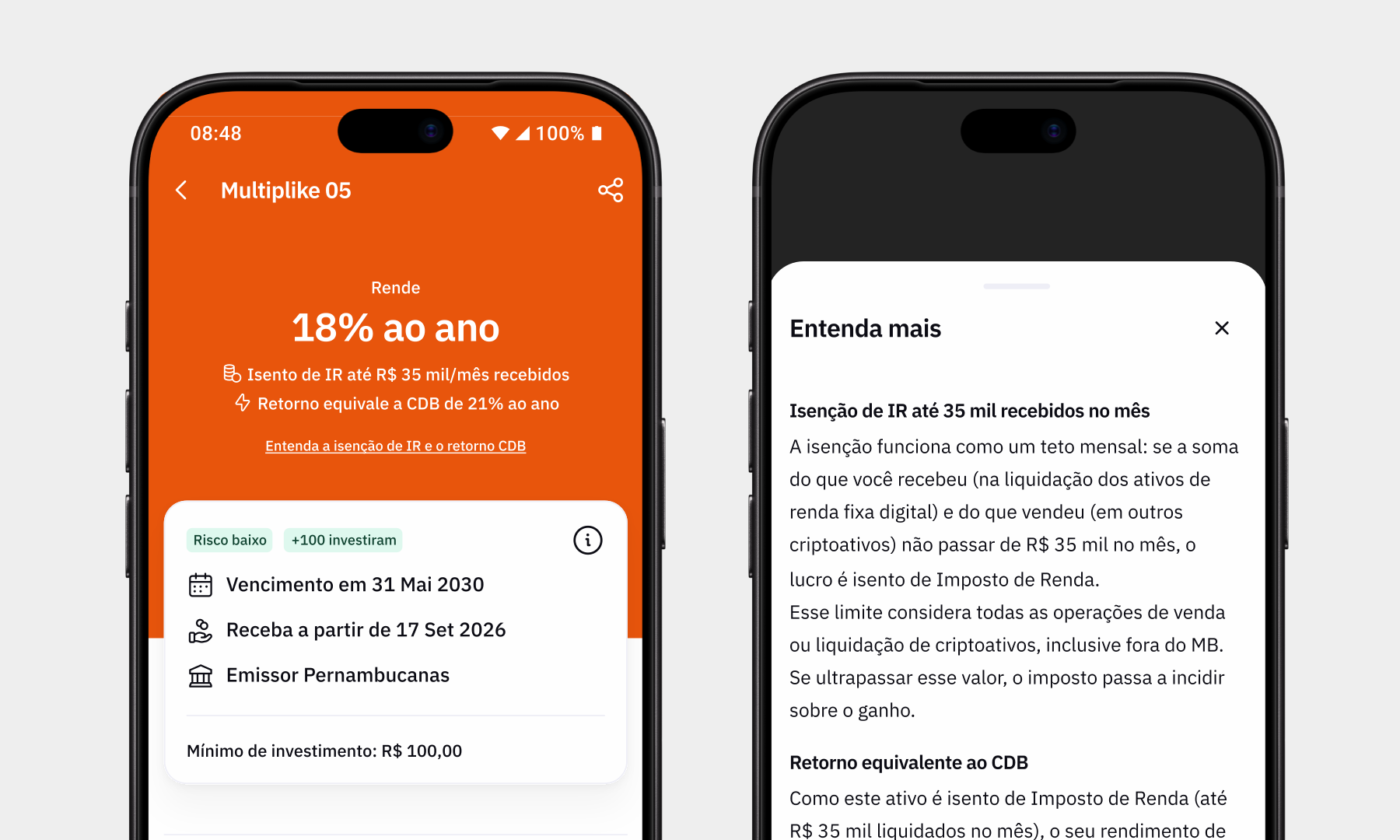 Nova página de detalhes do ativo Multiplike 05 com a rentabilidade de 18% ao ano em destaque, isenção de IR até R$ 35 mil por mês, vencimento, início dos recebimentos e emissor, ao lado da janela Entenda mais