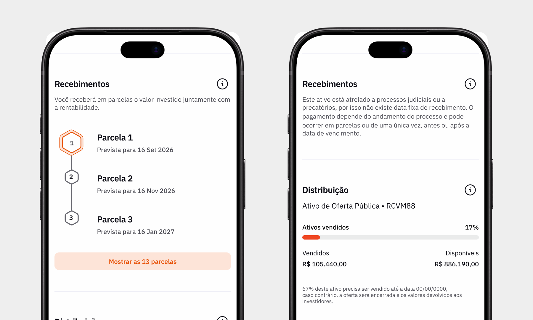 Duas versões da sessão de recebimentos: uma com parcelas e datas previstas, outra explicando que um ativo de precatórios não tem data fixa de recebimento